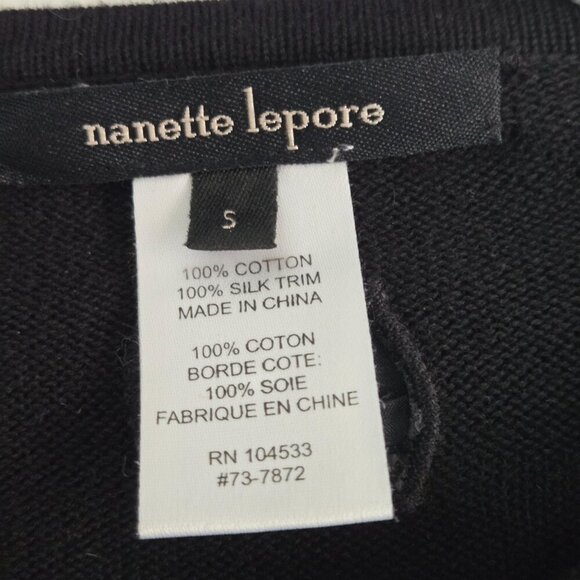 Nanette Lepore Black Covered Button Cropped Cardigan Sweater Silk Ribbon Size S - Picture 6 of 6